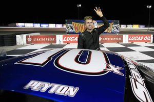 Peyton Saxton won his third NASCAR Super Late Models race of the season on Gaming Industry Night at The Bullring at LVMS on Saturday.