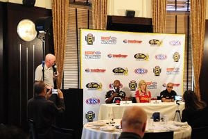 NHRA drivers (from l to r) Antron Brown, Courtney Force and J.R. Todd spoke to media at the DENSO Spark Plugs NHRA Nationals press conference on Thursday.
