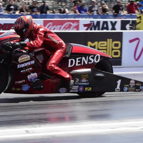 Matt Smith (1 PSM) Buell EBR NHRA Pro Stock Motorcycle leads category after the third round of qualifying for the 20th Annual DENSO 4-Wide Nationals, Saturday, April 6, 2019, on The Strip at Las Vegas Motor Speedway in Las Vegas, Nevada