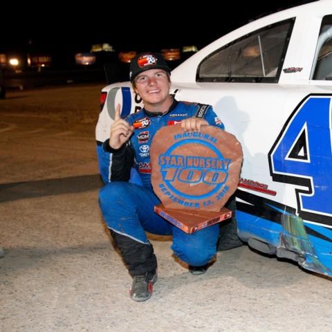 Sheldon Creed of Alpine, Calif., won the Star Nursery 100 NASCAR K&N Pro Series West race at the LVMS Dirt Track on Thursday night.