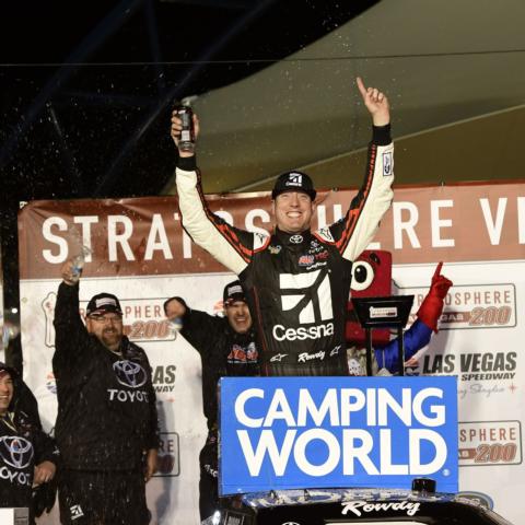 Las Vegas native Kyle Busch won the Stratosphere 200 NASCAR Camping World Truck Series race at LVMS on Friday night.