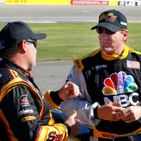 Jeremy Roenick got some driving advice from NASCAR driver and Las Vegas native Brendan Gaughan before taking to the track at LVMS on Wednesday.