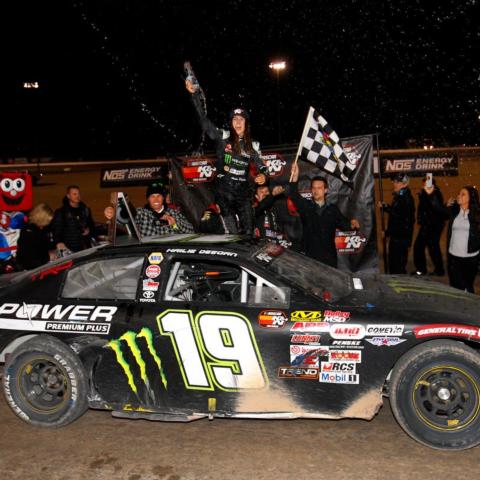 Hailie Deegan used a last-lap pass to take the checkered flag at the second annual Star Nursery 100 at the LVMS Dirt Track on Thursday night.