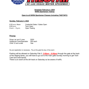 NHRA Sportsman Testing: Feb. 4, 2024- Schedule_Pricing_Info