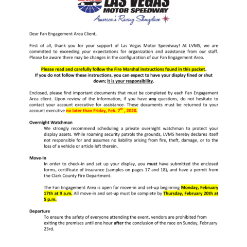 LVMS NASCAR Fan Engagement Display Packet <br>Feb. 2020