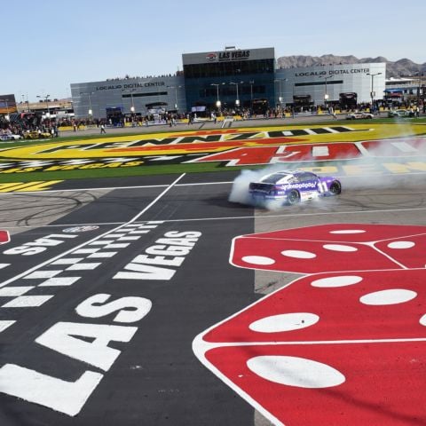 Denny Hamlin performed a long burnout after winning the Pennzoil 400 presented by Jiffy Lube at Las Vegas Motor Speedway.