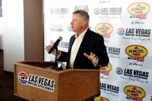 LVMS President Chris Powell spoke at the track's annual traffic press conference on Tuesday, saying speedway officials are optimistic about traffic flow for next week's Pennzoil 400 NASCAR Weekend.