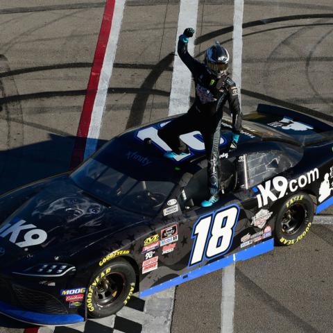 Kyle Busch completed the second leg of a potential weekend sweep by taking the checkered flag in the Boyd Gaming 300.