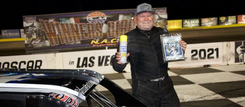 Doug Hamm celebrates his third straight Modified win in Victory Lane Saturday night.