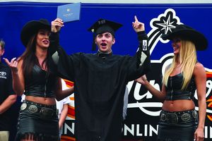 Las Vegas' Noah Gragson celebrates his high school commencement with a special ceremony at Texas Motor Speedway shortly after winning the pole for the NCWTS race on Friday.