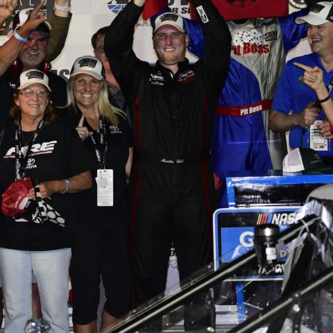 Austin Hill won the World of Westgate NASCAR Gander Outdoors Playoff race at LVMS on Friday night.