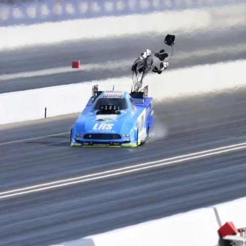 Tim Wilkerson (5 FC) Ford Shelby Mustang NHRA Funny Car pops a parachute as he completes his run in the second round of qualifying for the 20th Annual DENSO 4-Wide Nationals, Friday, April 5, 2019, on The Strip at Las Vegas Motor Speedway in Las Vegas, Nevada.