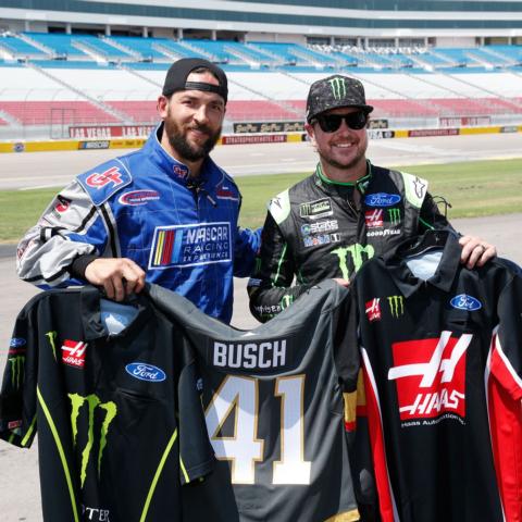 NASCAR star and Las Vegas native Kurt Busch did a job swap of sorts with Vegas Golden Knights defenseman Deryk Engelland on Monday to promote the upcoming South Point 400 weekend at LVMS.
