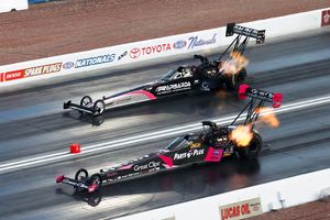 Clay Millican (left) set a Top Fuel track record at The Strip at LVMS with a personal-best run of 3.689 seconds on Saturday.