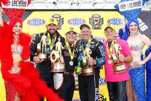 The 2016 NHRA Toyota Nationals champions were (from L to R): Shane Gray, Steve Torrence, John Force and Jerry Savoie.