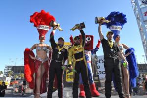 NHRA drivers (from L to R) Steve Torrence, J.R. Todd and Vincent Nobile won big at the DENSO Spark Plugs NHRA Four-Wide Nationals at The Strip at LVMS.