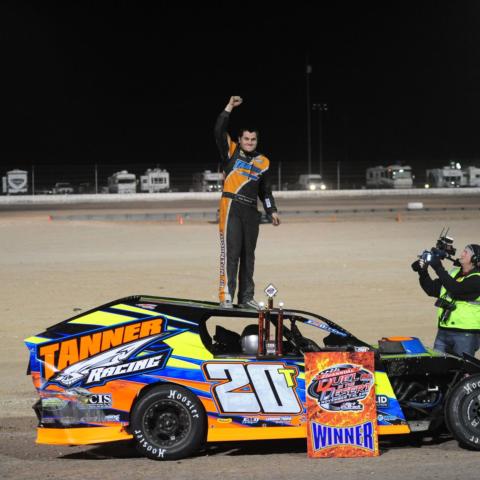 Ricky Thornton Jr. won the second IMCA Modifieds qualifying feature on the second night of the Duel in the Desert at the LVMS Dirt Track on Friday night.