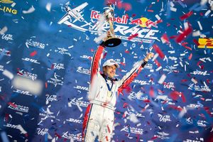 Germany's Matthias Dolderer celebrates his 2016 Red Bull Air Race World Championship title at Las Vegas Motor Speedway.