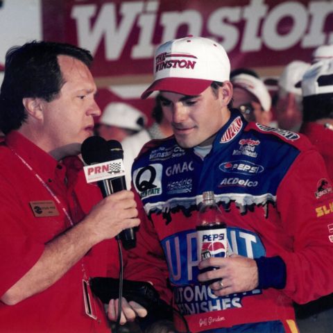 Doug Rice interviews Jeff Gordon in Victory Lane after Gordon’s first NASCAR Cup Series win in the 1994 Coca-Cola 600 at Charlotte Motor Speedway.