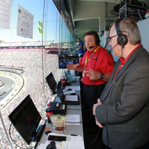 Doug Rice and longtime PRN co-anchor Mark Garrow in the booth at Bristol Motor Speedway.