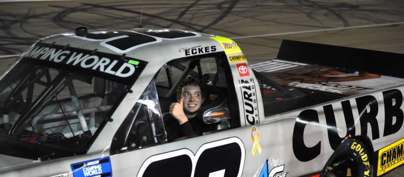 Christian Eckes celebrates his first career Truck Series win at LVMS.
