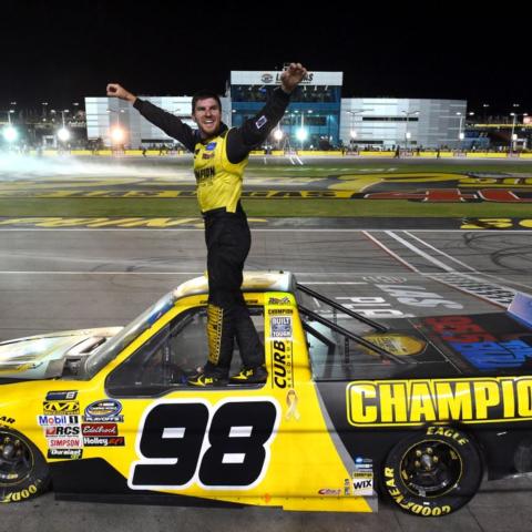Grant Enfinger won the World of Westgate 200 NASCAR Camping World Truck Series Playoffs race at LVMS on Friday night.