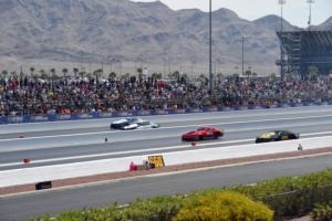 Pro Stock drivers (L to R) Matt Hartford, Shane Gray, Erica Enders and Jeg Coughlin Jr. made the first four-wide run in LVMS history during the first round of the DENSO Spark Plugs NHRA Four-Wide Nationals at The Strip on Friday.
