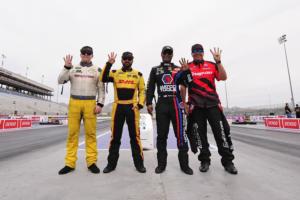 NHRA drivers (from L to R) Richie Crampton, J.R. Todd, Antron Brown and Cruz Pedregon hold up four fingers to signify The Strip at LVMS expanding to four lanes for this weekend's DENSO Spark Plugs NHRA Four-Wide Nationals.