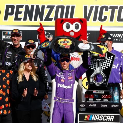 Denny Hamlin won the second straight race at Las Vegas Motor Speedway and for the third time in his career at the 1.5-mile oval.