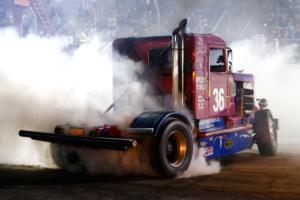 Isaac Harder performed quite a burnout after winning the North American Big Rig Racing feature at The Bullring at LVMS on Saturday night.