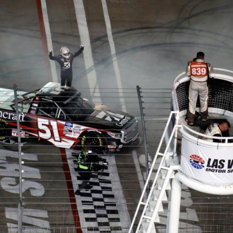 Kyle Busch won his third consecutive Strat 200 on Friday night at Las Vegas Motor Speedway.