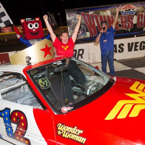 Cindy Clark won the 15-lap Skid Plate Car race, her second consecutive win.