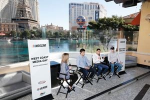 NBC's Kelli Stavast, left, hosted a Q&A session with Monster Energy NASCAR Cup Series drivers (from l to r) Daniel Suarez, Kyle Larson and Ryan Blaney during the 2017 NASCAR West Coast Media Day at Hyde night club at The Bellagio in Las Vegas on Thursday.