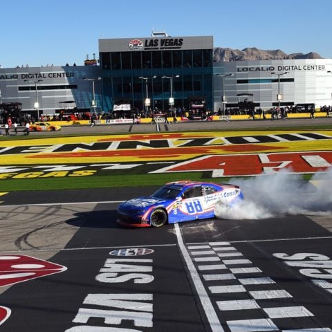 Kyle Larson performed a burnout at Las Vegas Motor Speedway after winning The LiUNA NASCAR O'Reilly Auto Parts Series race on Saturday.