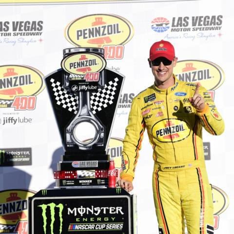 Joey Logano held off Team Penske teammate Brad Keselowski to win the Pennzoil 400 presented by Jiffy Lube at LVMS on Sunday.