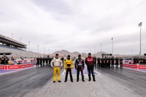 NHRA stars (from L to R) Richie Crampton, J.R. Todd, Antron Brown and Cruz Pedregon pose with their teams at The Strip at LVMS before performing ceremonial burnouts on Thursday.