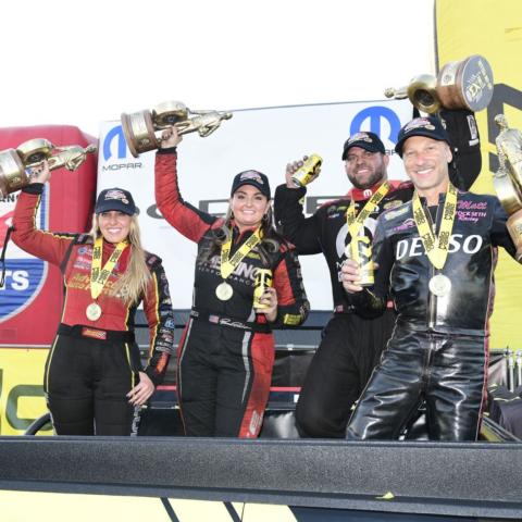 Dodge NHRA Nationals Presented By Pennzoil winners (from l to r) Brittany Force, Erica Enders, Matt Hagan and Matt Smith hoist their hardware after big victories at The Strip at LVMS.