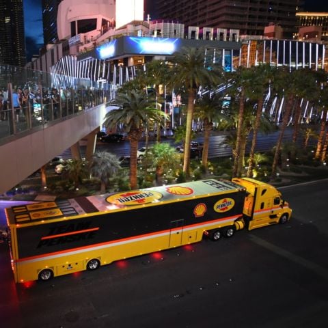 Pennzoil hauler going down the Las Vegas Strip