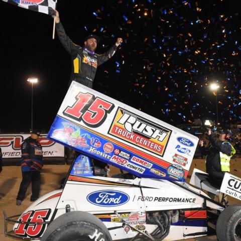 Donny Schatz executed a last-lap pass to win the World of Outlaws FVP Platinum Battery Showdown presented by Star Nursery at the LVMS Dirt Track on Thursday night.