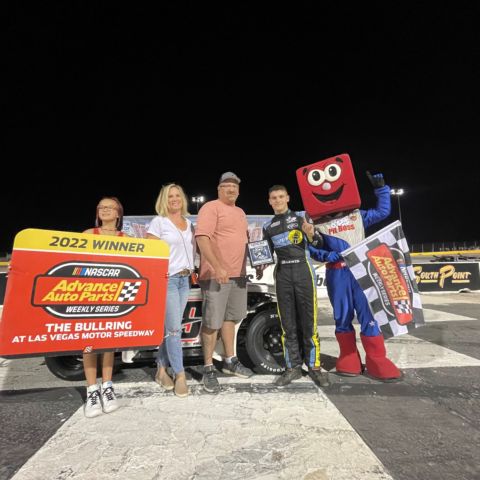 Jerrod and Sara Martin from M&H Building Supply/JBM Underground, sponsors of the Legends division presenting the trophy to winner Landon Lewis.