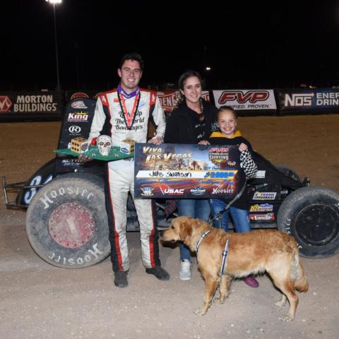 Jake Swanson won the USAC West Coast Sprint feature at the LVMS Dirt Track on Thursday night.