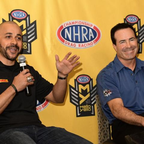 NHRA World Champions J.R. Todd (left) and Ron Capps were two of eight drivers who participated in Thursday's DENSO Spark Plugs NHRA Four-Wide Nationals press conference.
