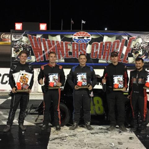 The top five point earners in the US Legends Pro division celebrate in the winner's circle at The Bullring.