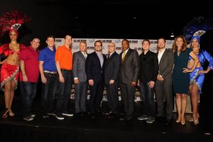 A group that included (from l to r) Brendan Gaughan, Spencer Gallagher, Kyle Busch, Chris Powell, Marcus Smith, Rossi Ralenkotter, Lawrence Weekly, Noah Gragson, Kurt Busch and Jamie Little helped announce big news in Las Vegas on Wednesday.
