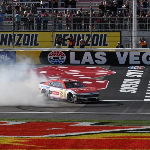 Wood Brothers Racing driver Josh Berry celebrates after winning the Pennzoil 400 at Las Vegas Motor Speedway
